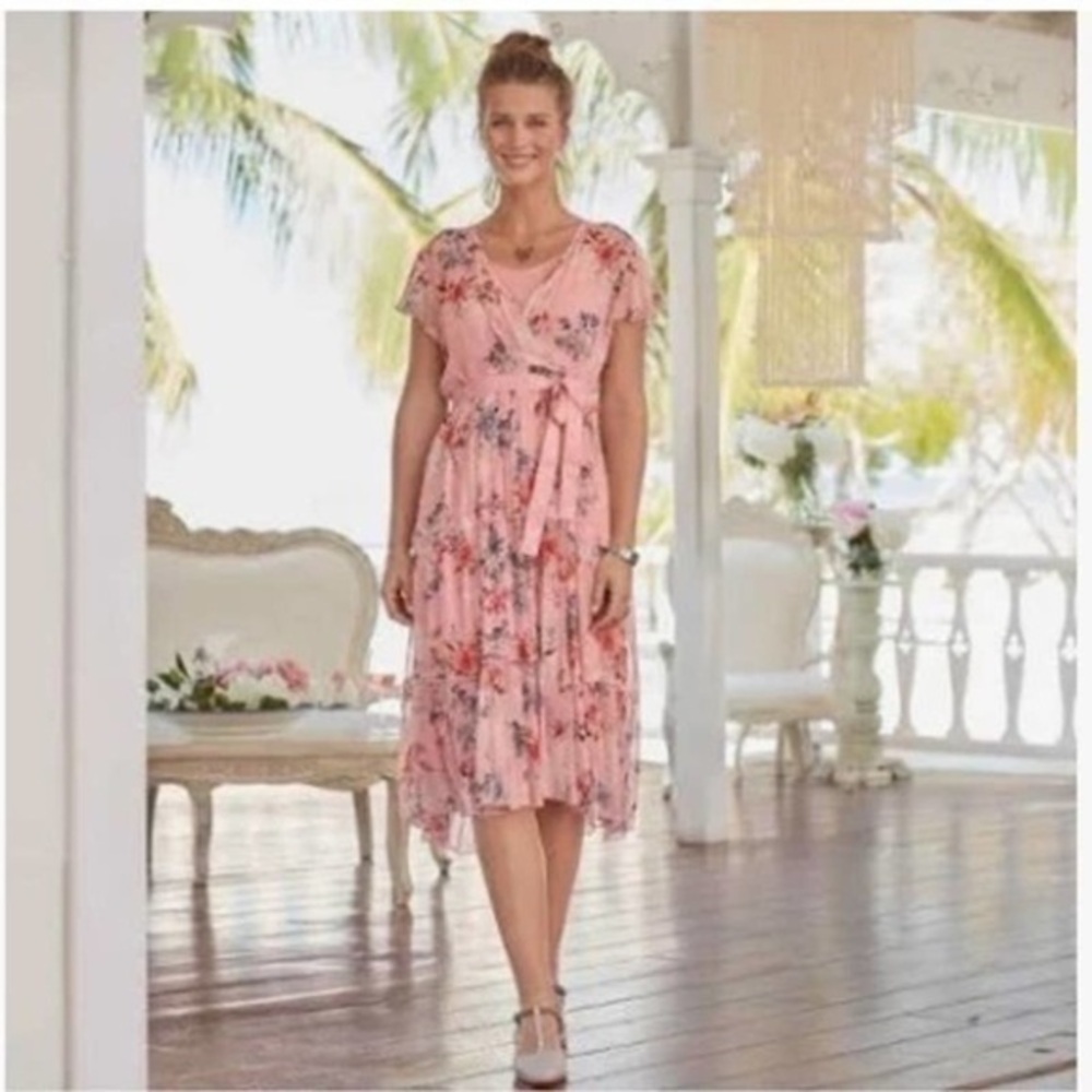 Sundance Romantic Alexandria Dress Pink Floral Tiered Sheer Lined V-Neck